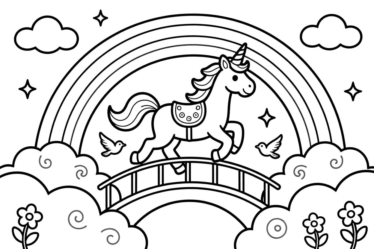 A unicorn galloping across a rainbow bridge in the clouds