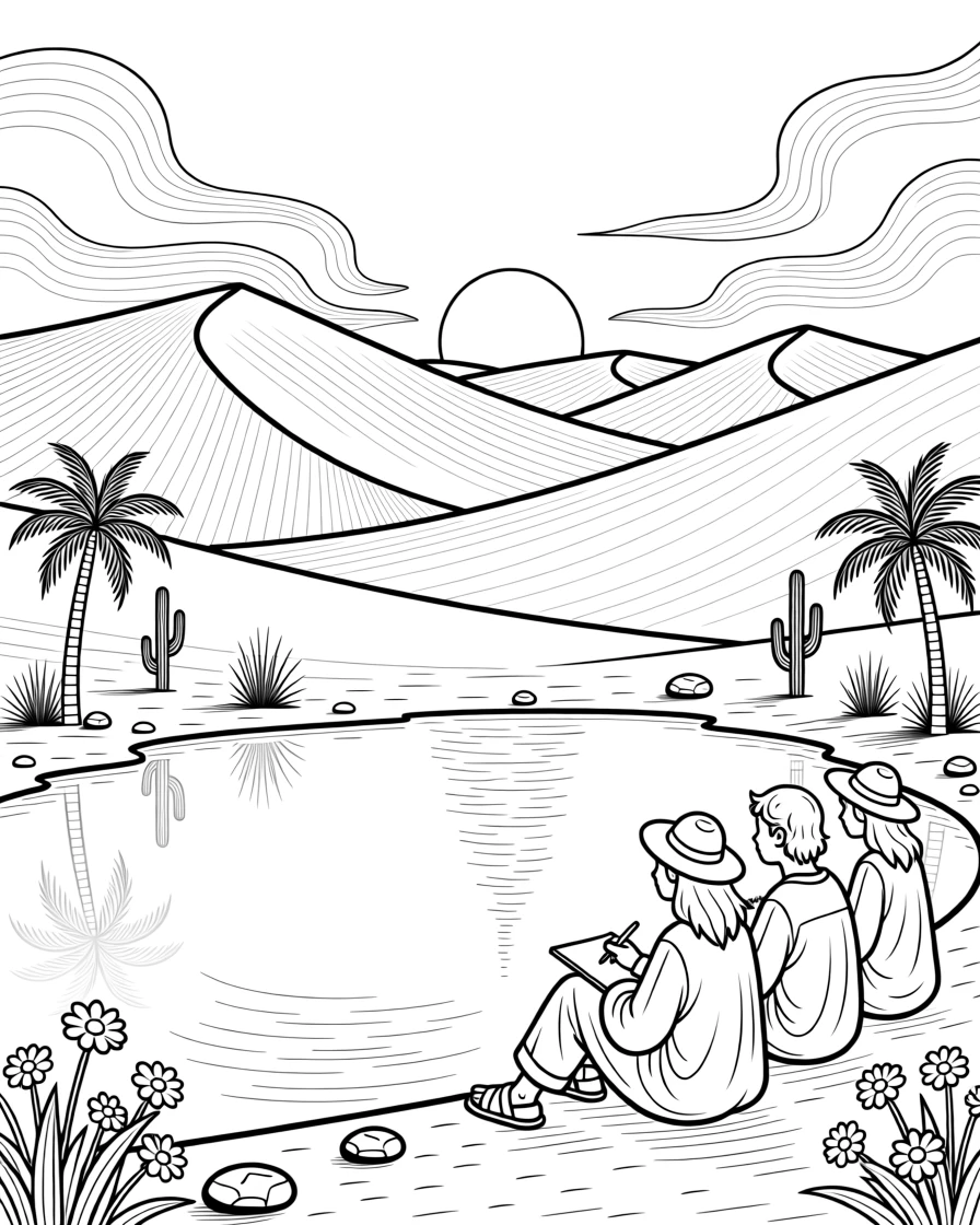 A desert landscape with towering sand dunes at sunset, with reflections shimmering on the water's surface.