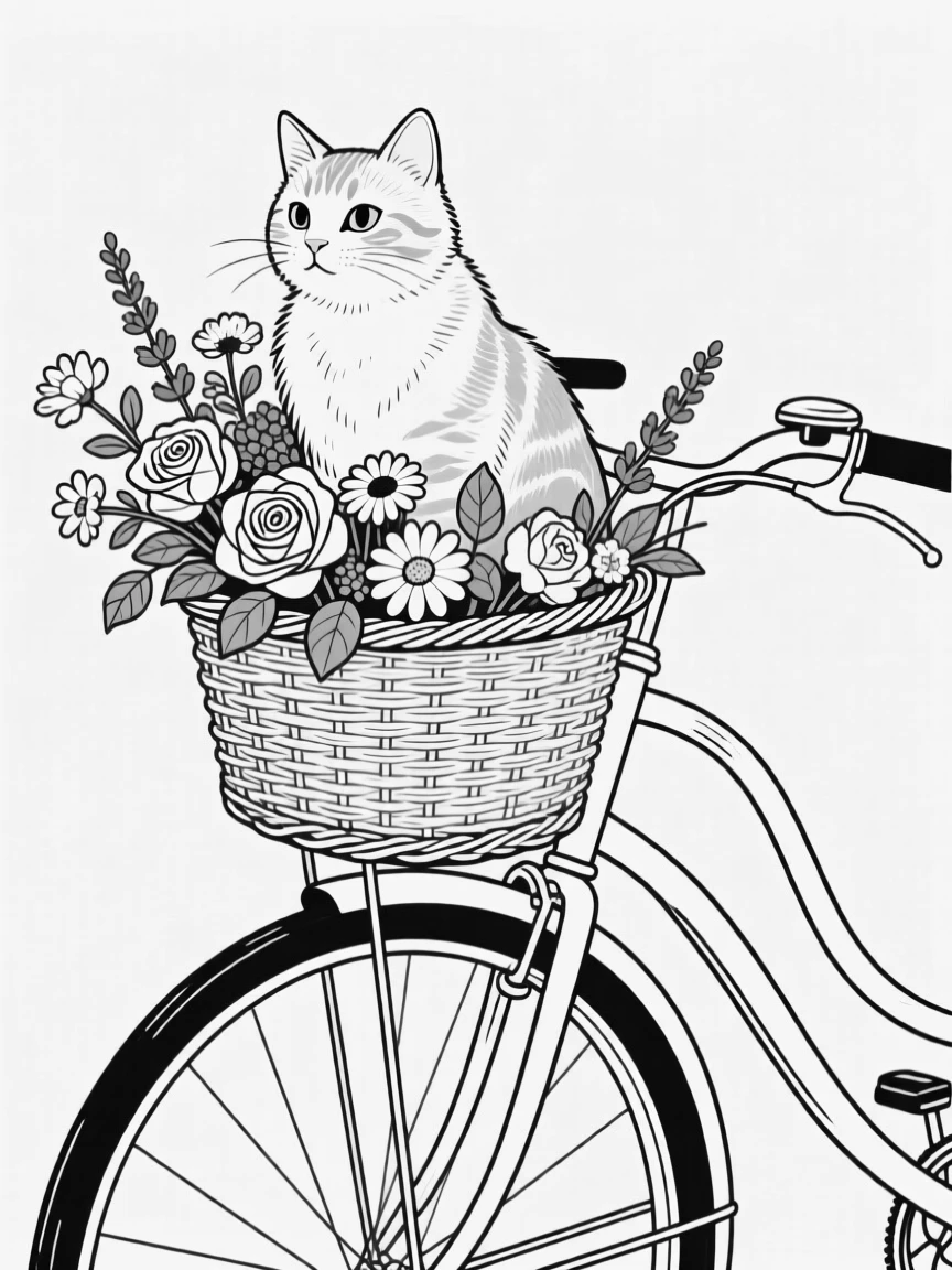 A cat sitting inside a vintage bicycle basket full of flowers
