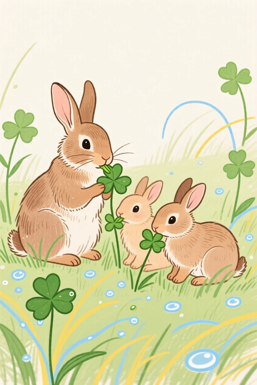 A rabbit family nibbling clover in a dew-covered meadow.