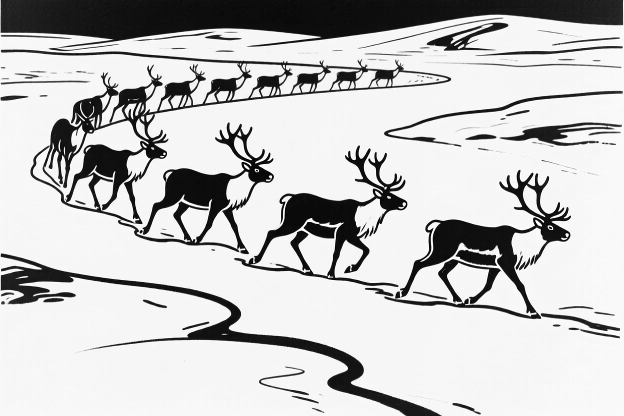 A herd of caribou trekking across a vast snowy tundra.