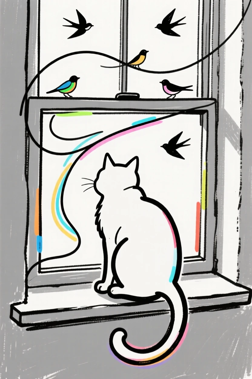 A cat sitting on a windowsill watching birds outside the glass.