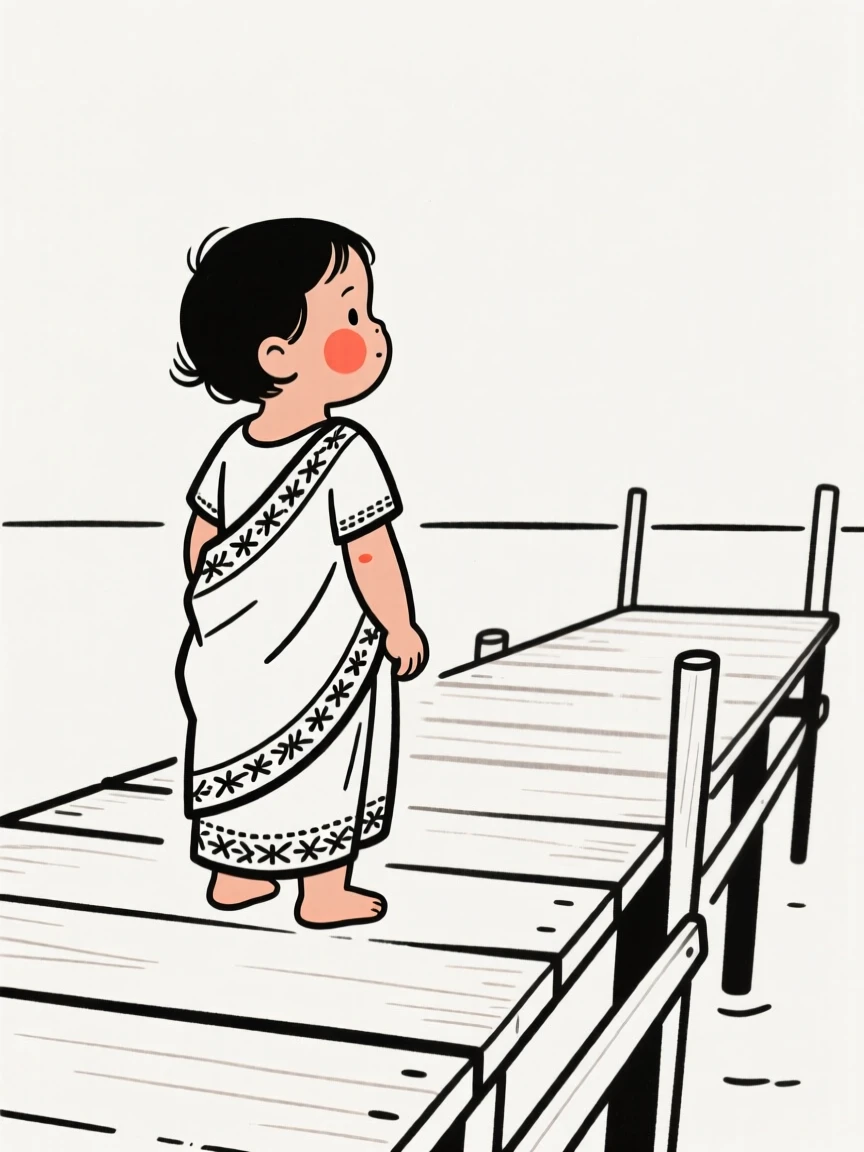 A wobbly toddler of Cuban heritage wearing an embroidered sari, looking hopeful toward the horizon, on a wooden fishing pier.