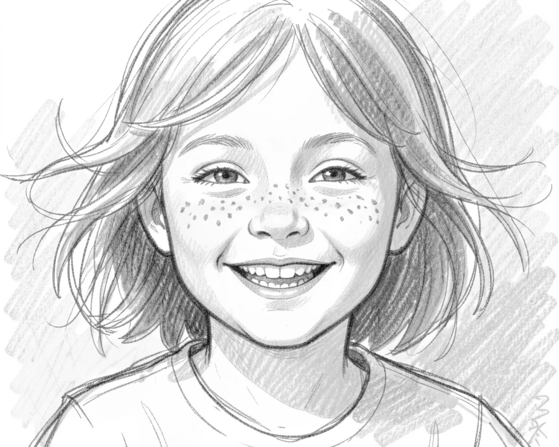 Intimate close-up of a joyful little girl with freckles standing in golden afternoon light, with wind gently tousling their hair.