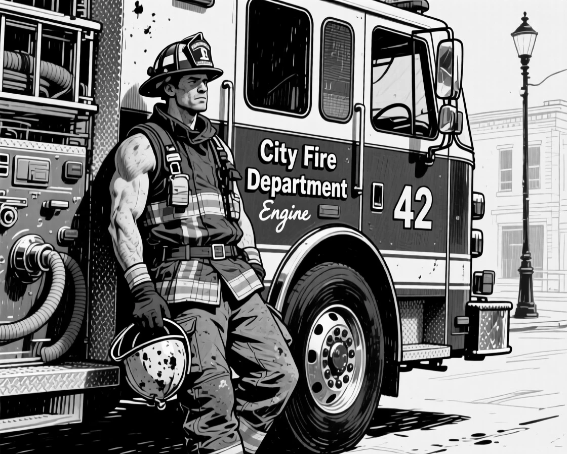 A firefighter resting against a truck after a long shift, helmet in hand.