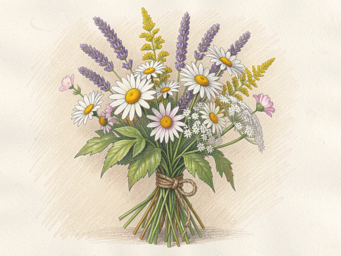A wild bouquet of wildflowers tied with rustic twine, set against a simple, softly lit neutral background, capturing the fleeting beauty of a blooming season.
