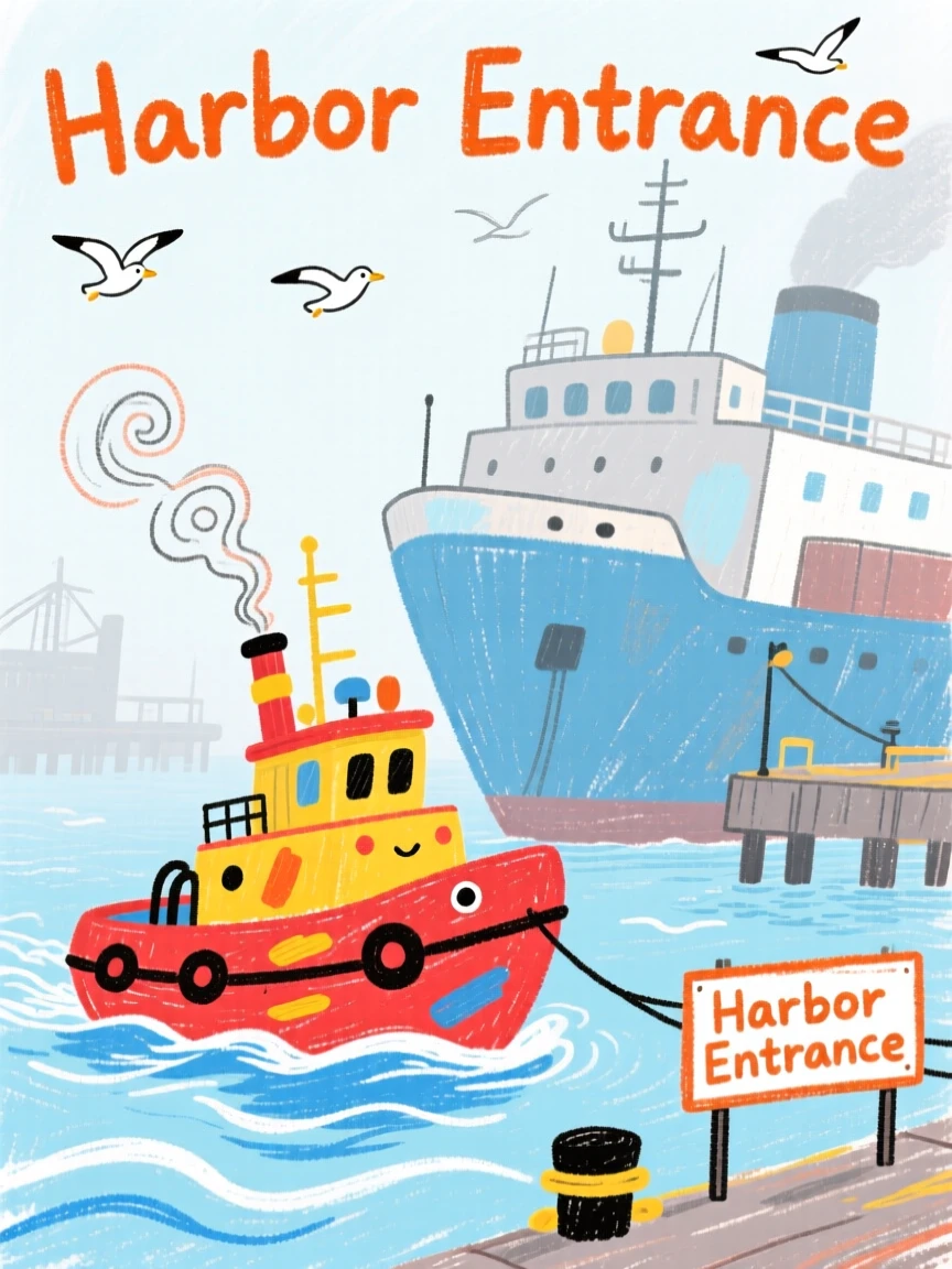 A tugboat guiding a large ship into a foggy harbor.