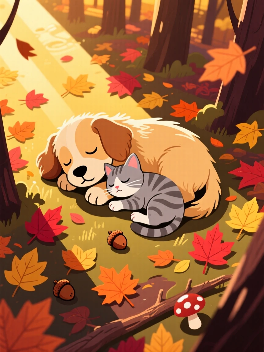 A puppy and kitten napping together in a sunbeam, nestled inside a cozy autumn forest with falling leaves, shown from above in a charming bird's-eye view, with vivid, richly saturated colors that pop.