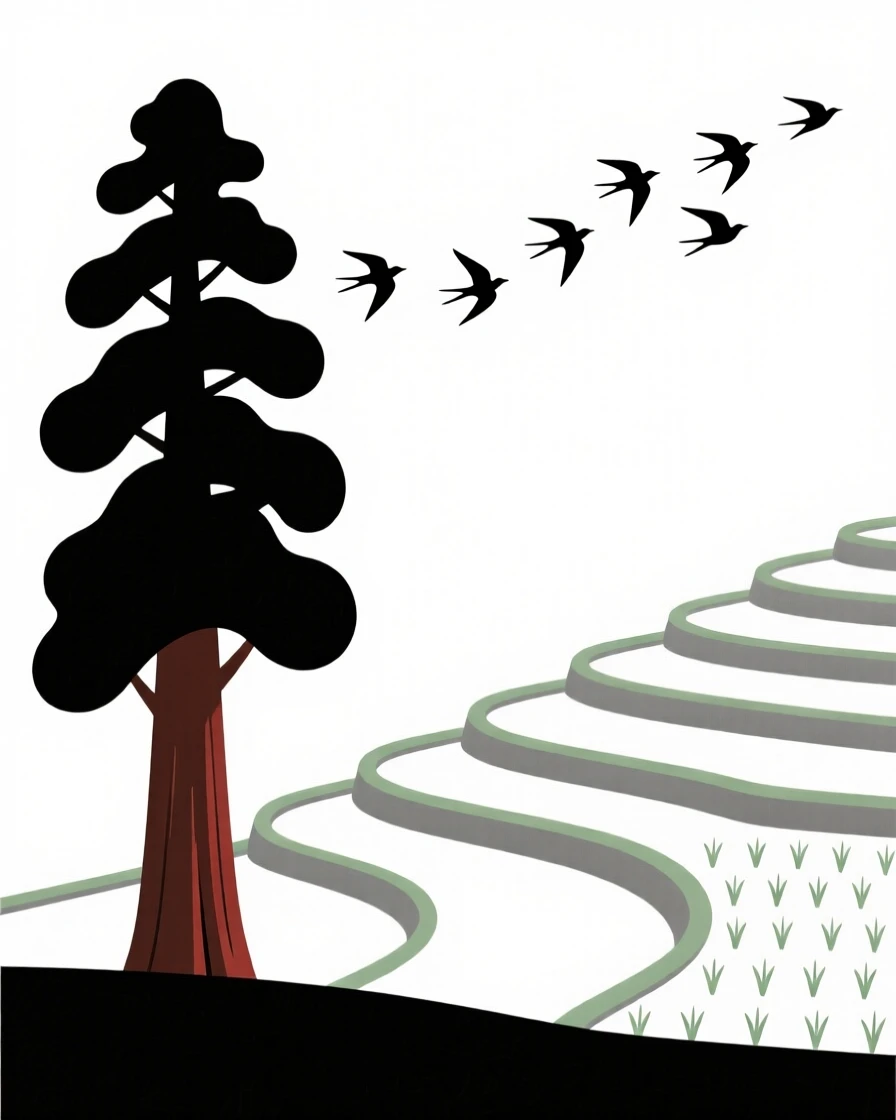 A redwood forest, silhouetted alone against a terraced rice paddy, surrounded by a flock of migrating birds, full of peaceful renewal.