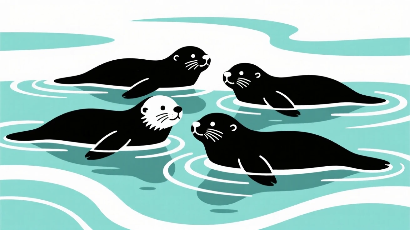 A group of sea otters floating together in crystal clear tropical water.