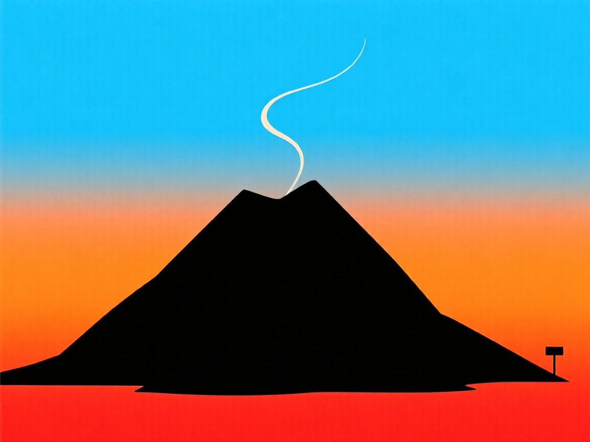 A volcano releasing a thin trail of smoke against a clear sky.