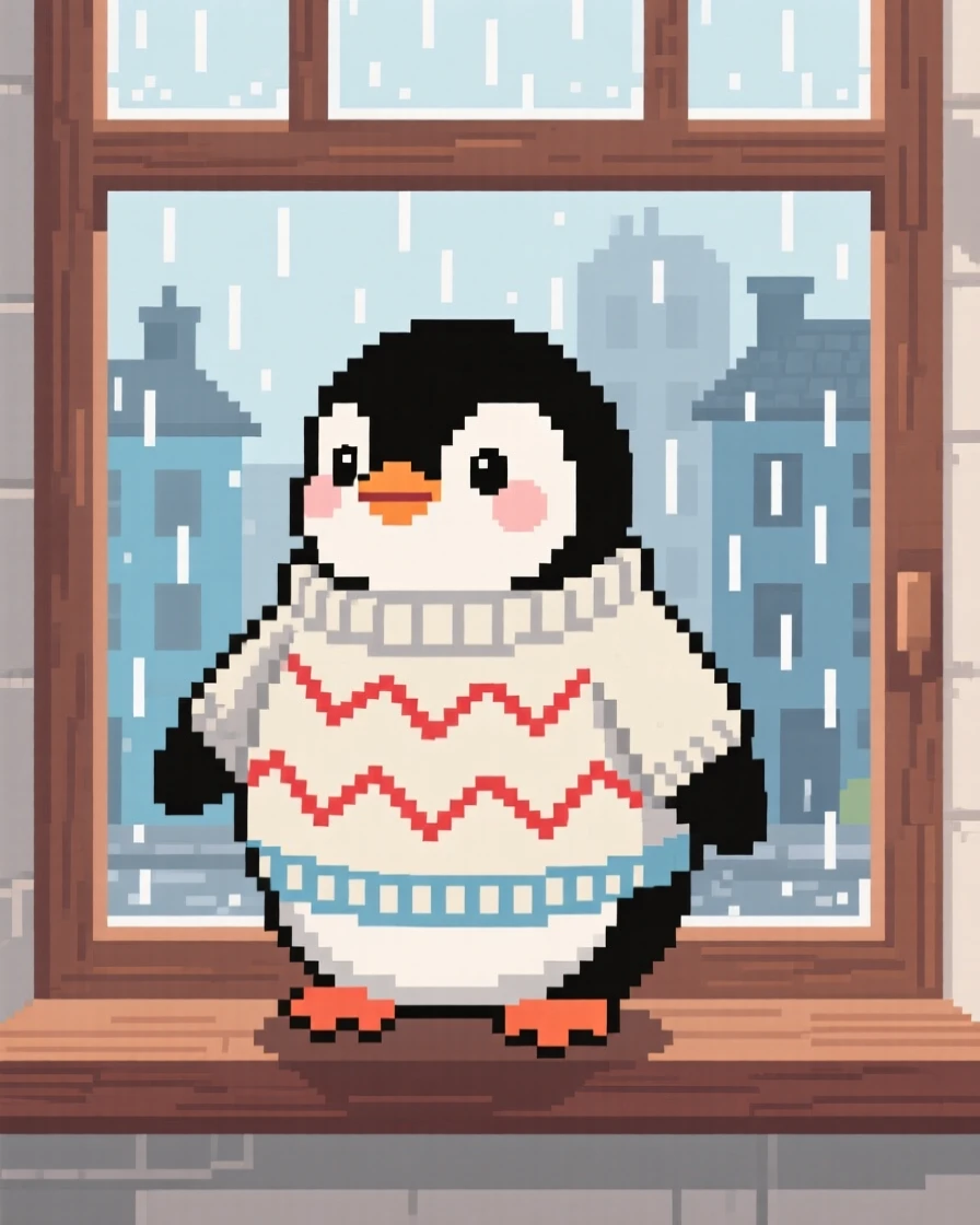 A plump baby penguin wearing a knitted sweater two sizes too big, on a windowsill overlooking a rainy town.