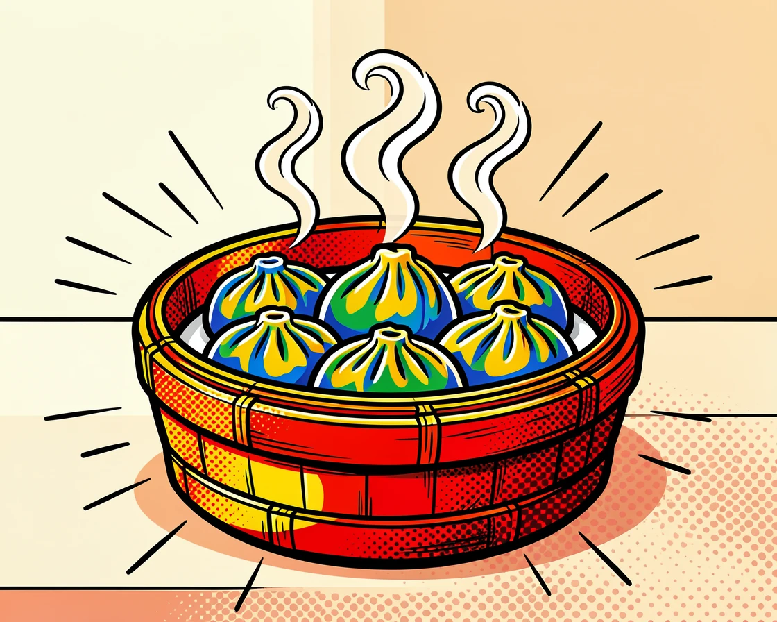 A bamboo basket of steaming dumplings steaming warmly on a cozy kitchen counter
