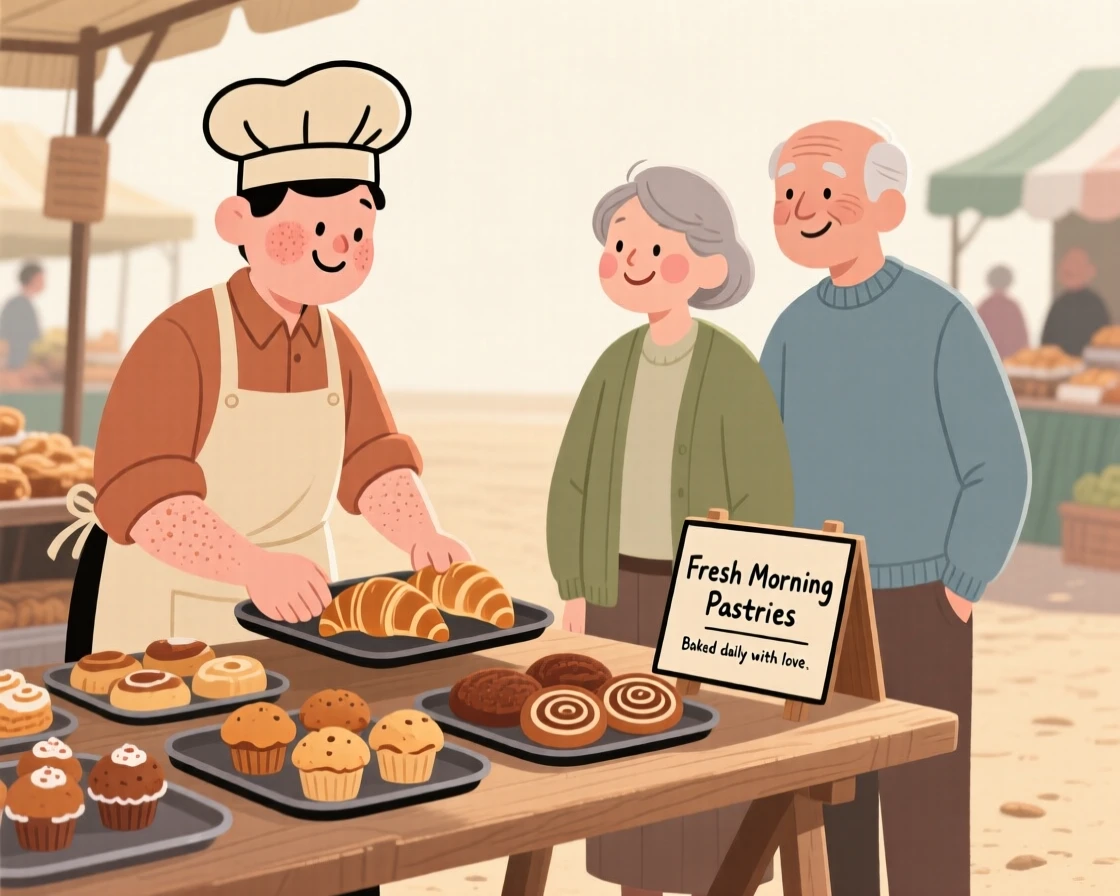 A baker arranges trays of pastries at a bustling farmers market, greeting an elderly couple with a warm smile in the morning sun.