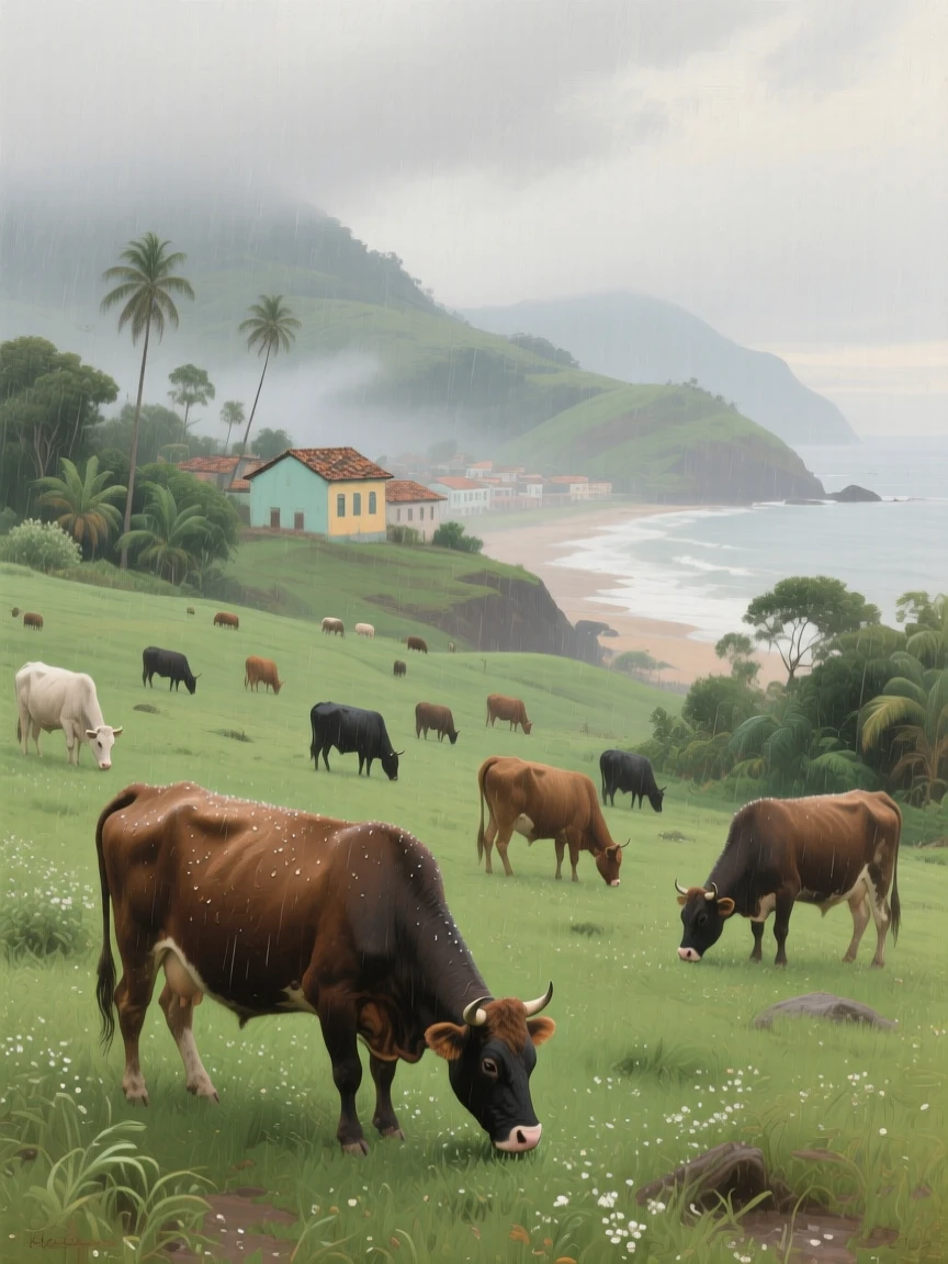 A balanced composition of a herd of cattle grazing peacefully in a misty valley, in a Brazilian coastal town, in late spring, during a gentle spring shower.