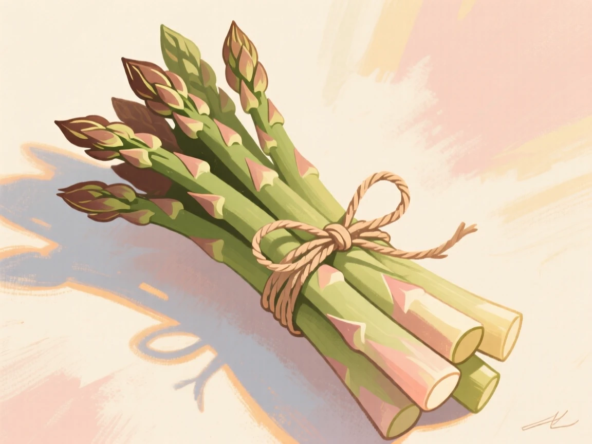 A bundle of fresh asparagus tied with a ribbon of twine