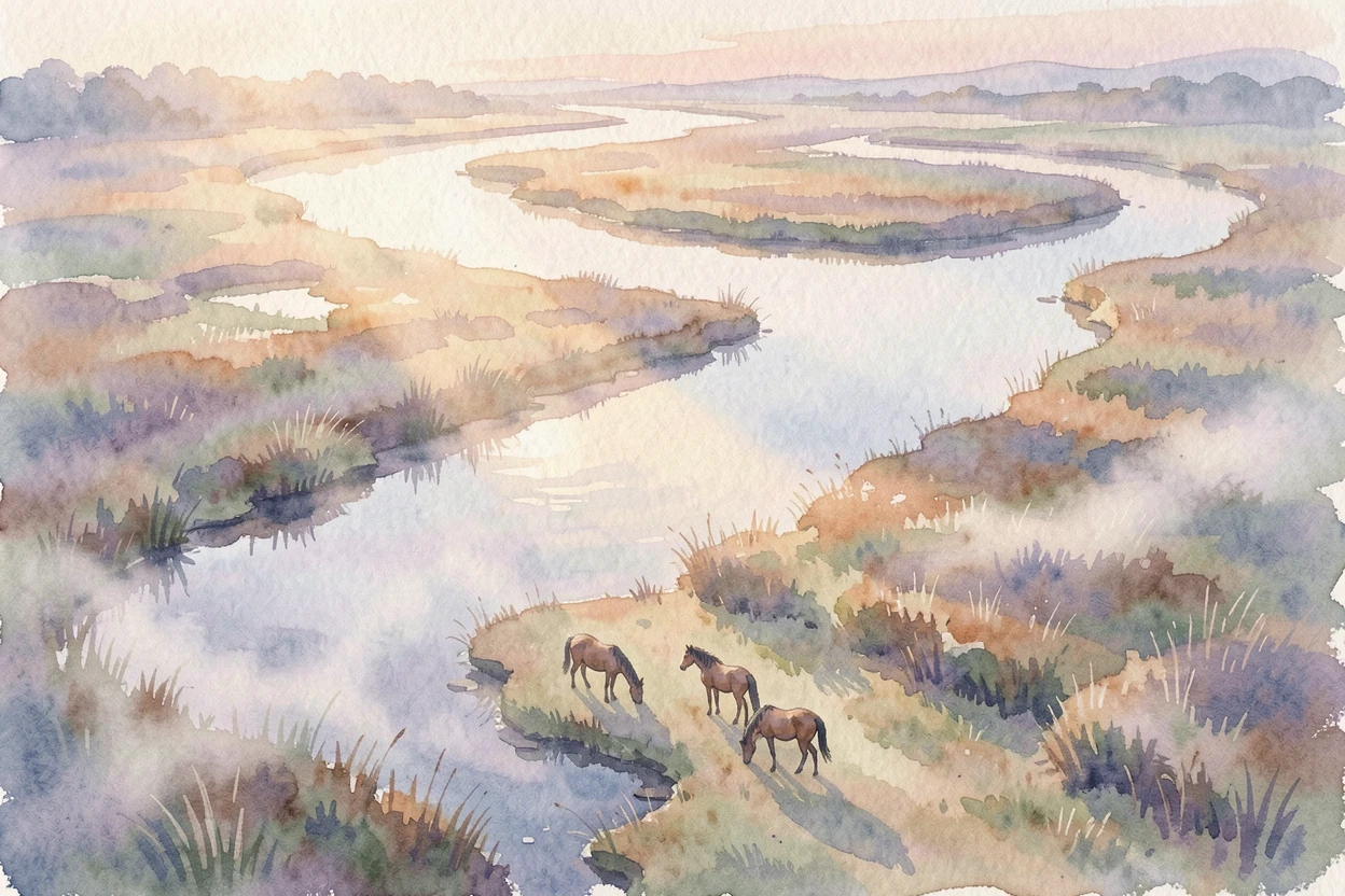 A river delta seen from above with morning mist rising with wild horses grazing nearby.