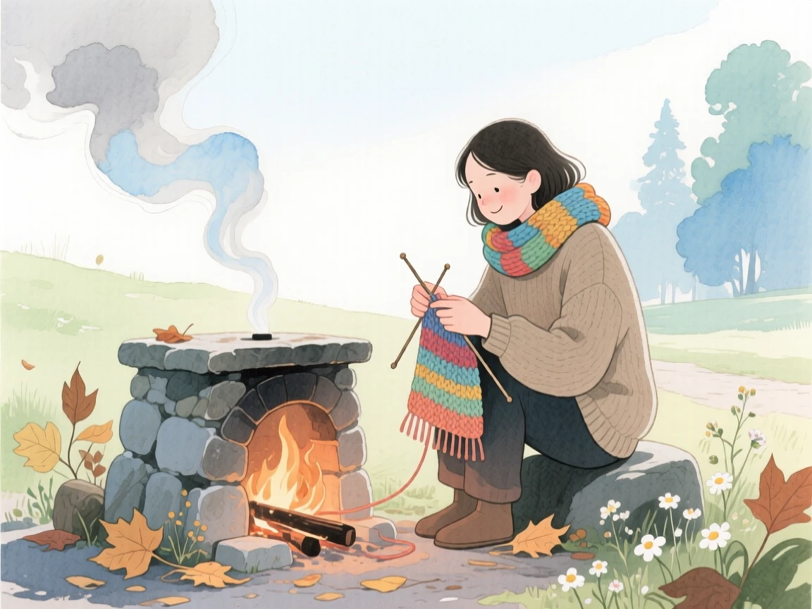 A peaceful scene of someone knitting beside a fireplace on a peaceful morning trail, fully absorbed in a quiet, joyful moment