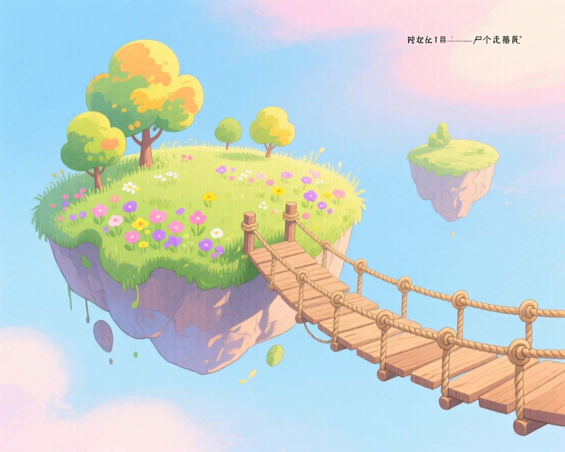 A floating island connected by a rope bridge, mysterious and inviting.
