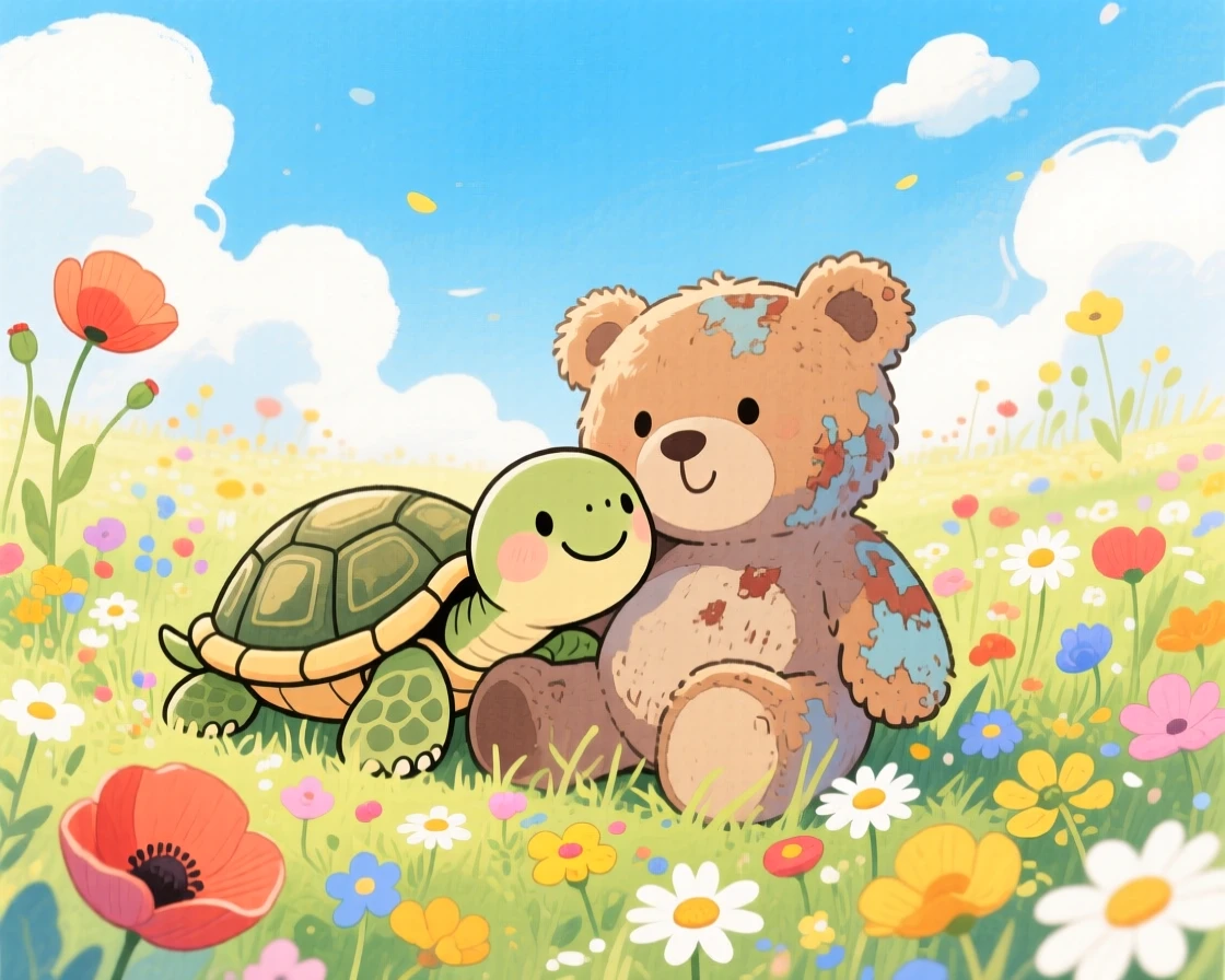 A tiny turtle resting its head on a favorite worn-out teddy bear, set in a meadow bursting with wildflowers under a blue sky, radiating pure innocent joy.
