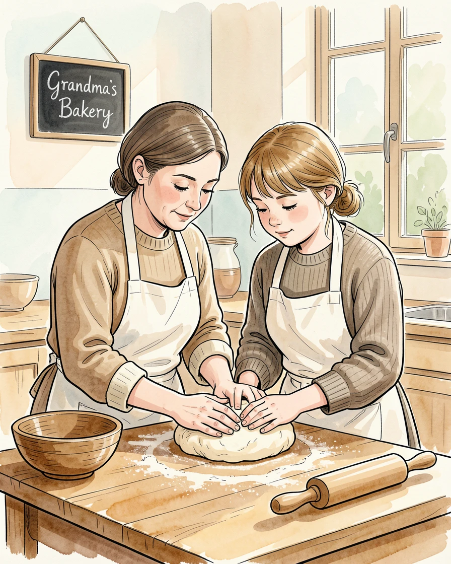 A grandmother teaching her granddaughter to knead bread dough in a warm, flour-dusted kitchen