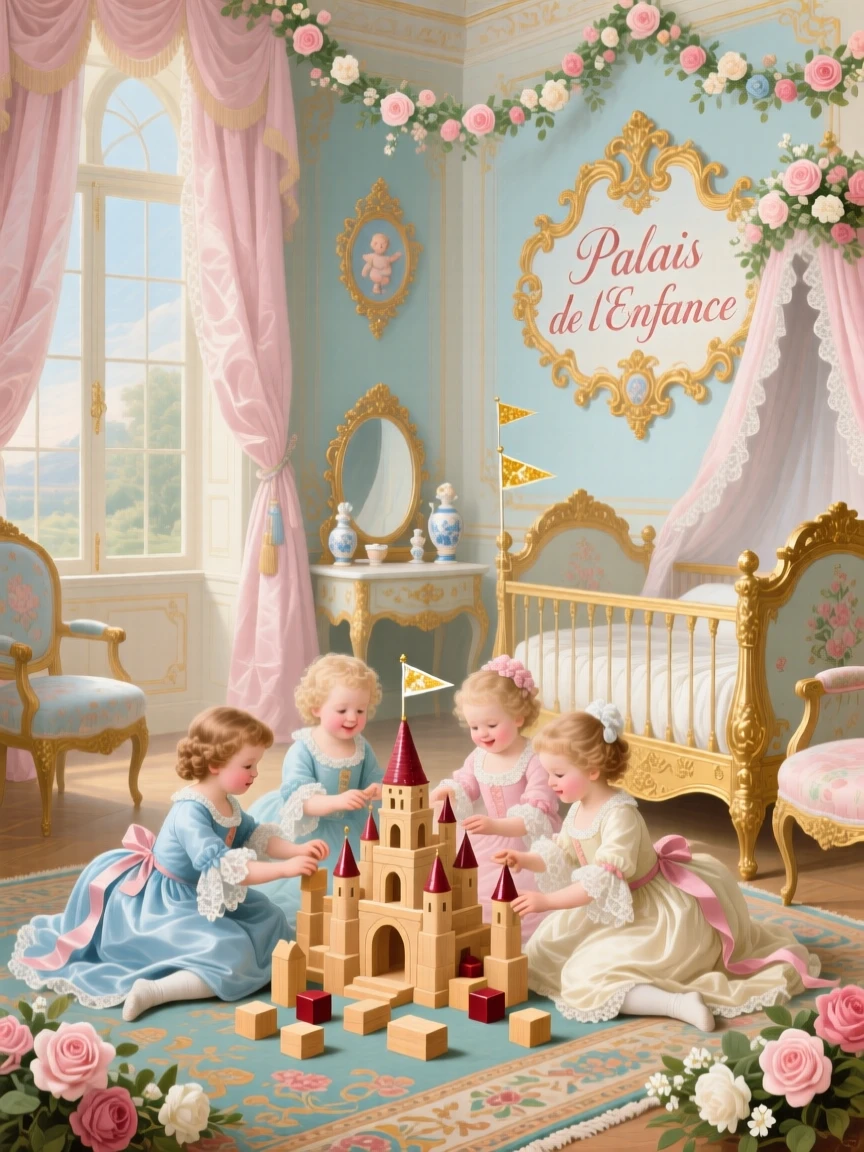 A royal nursery with children building a palace from wooden blocks  