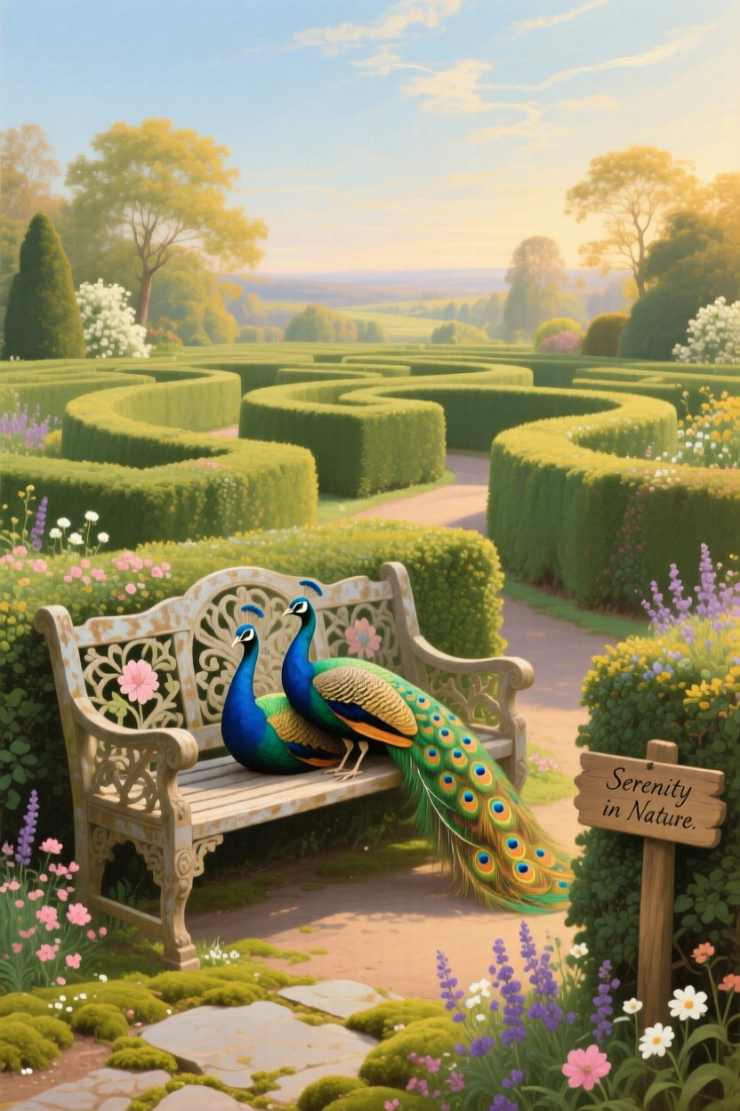 A pair of peacocks rests upon a bench in a garden maze of clipped hedges on a warm spring afternoon.