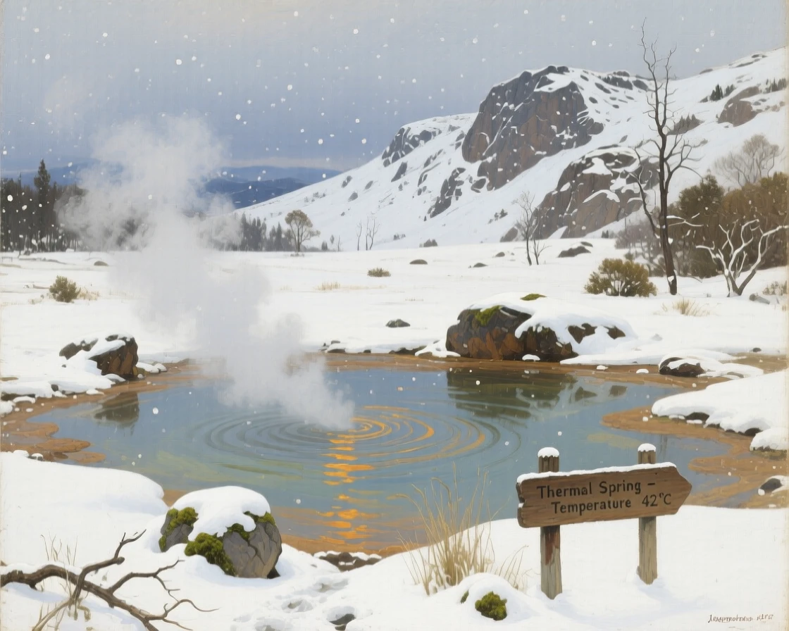 A natural hot spring steaming beneath falling snow, as gentle waves of heat shimmer above the ground, framed to highlight the vastness and grandeur of the setting