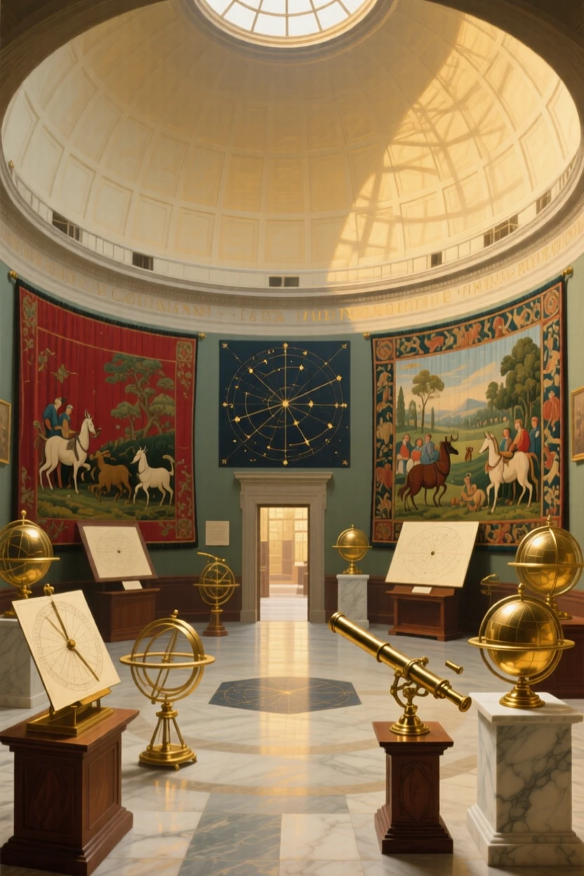 A domed observatory filled with brass instruments and star charts standing empty in the golden hush of late afternoon, set inside a grand academy of art and learning, with rich tapestries depicting scenes of hunts and festivals; a central vanishing point draws the viewer deep into the grand space, capturing the serene majesty of a space built to inspire awe.