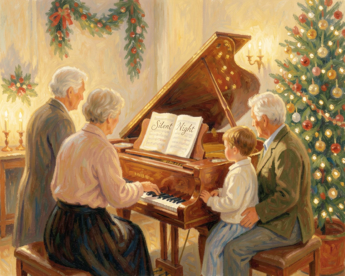 Grandparents and grandchildren gathered around a piano singing together on a cozy Christmas evening.
