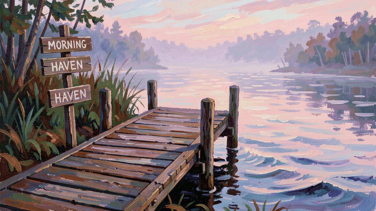 A quiet lakeside dock stretching into misty water at first light.