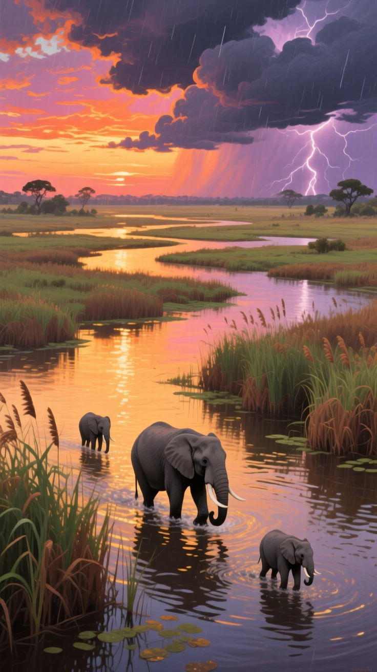 A wide river delta in the Okavango spreads into countless glittering channels at sunset, elephants wading across a shallow crossing, papyrus reeds swaying along the banks, distant weather visible on the horizon hinting at conditions that will arrive within the hour.