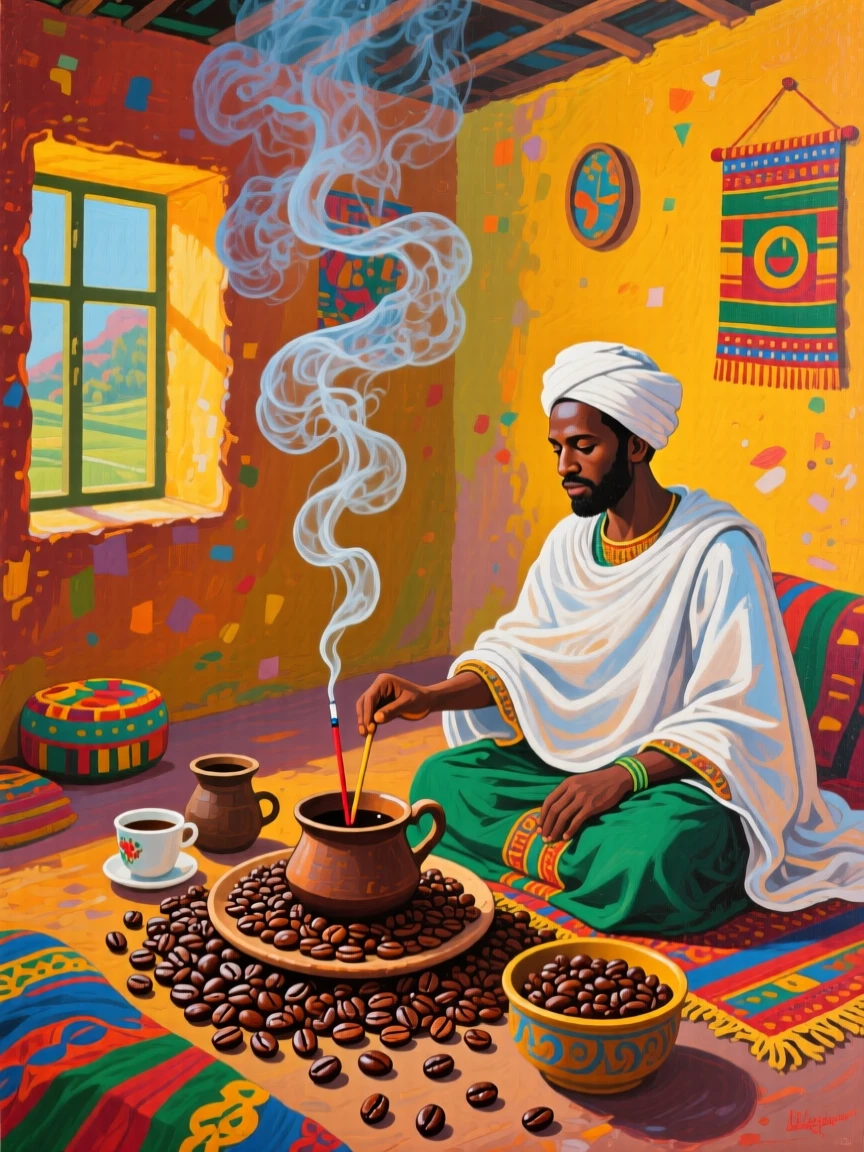 A traditional Ethiopian coffee ceremony with roasted beans and incense smoke curling through a small room
