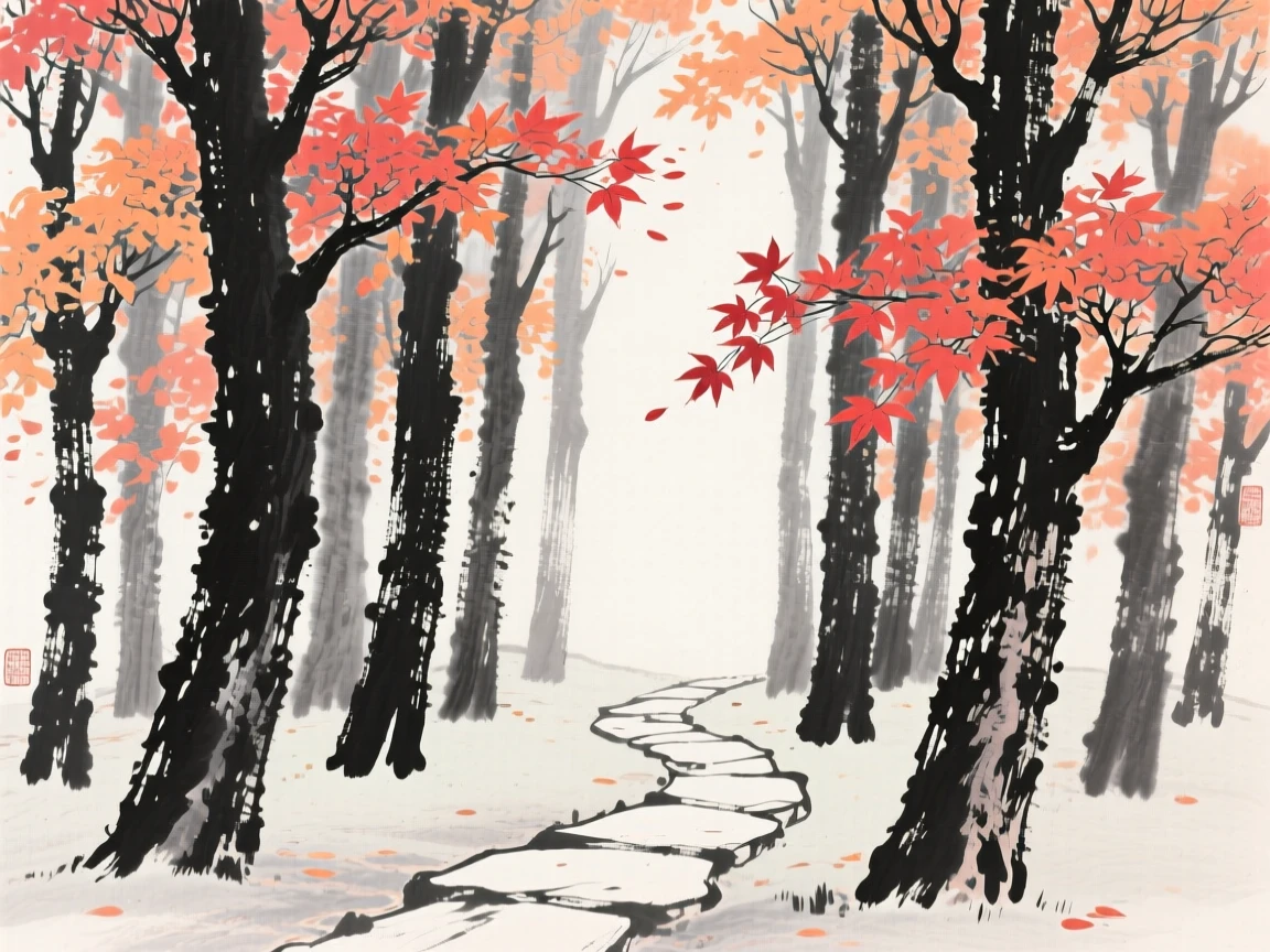 a thicket of maple trees at the height of autumn color, with a narrow stone path winding between the trunks.