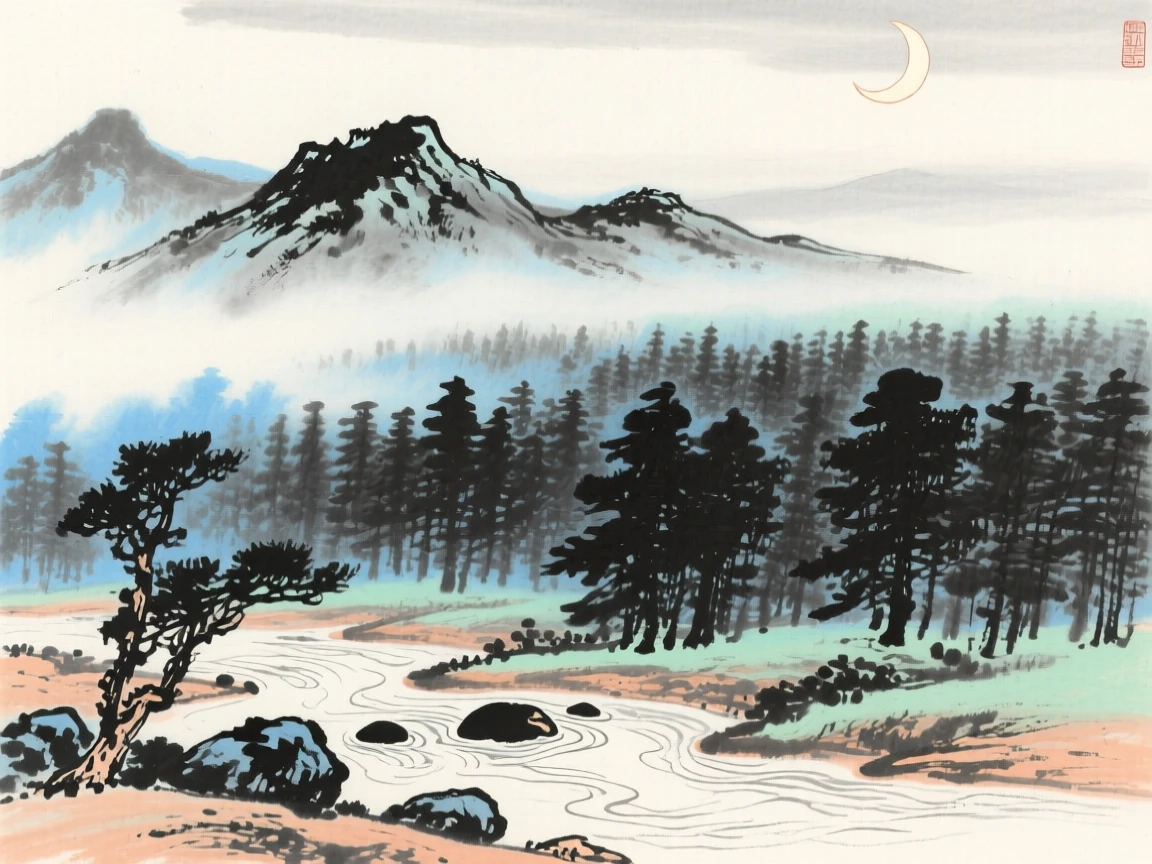 A mist-covered ridge line at the edge of a vast forest, where the current carves gentle ripples around smooth stones, conveying a deep sense of harmony with nature, beneath a crescent moon.