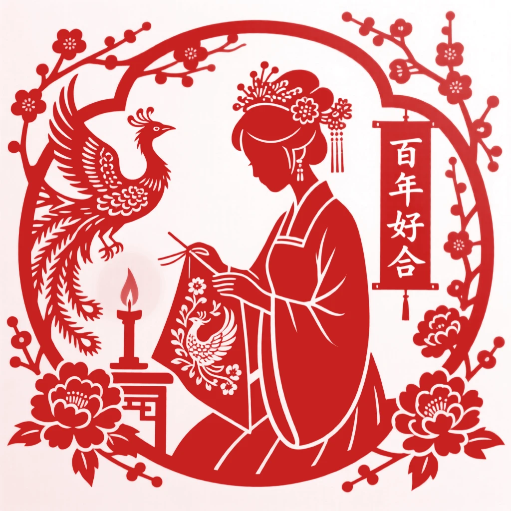 A bride embroidering a phoenix pattern onto a red wedding garment by candlelight, dreaming of her future
