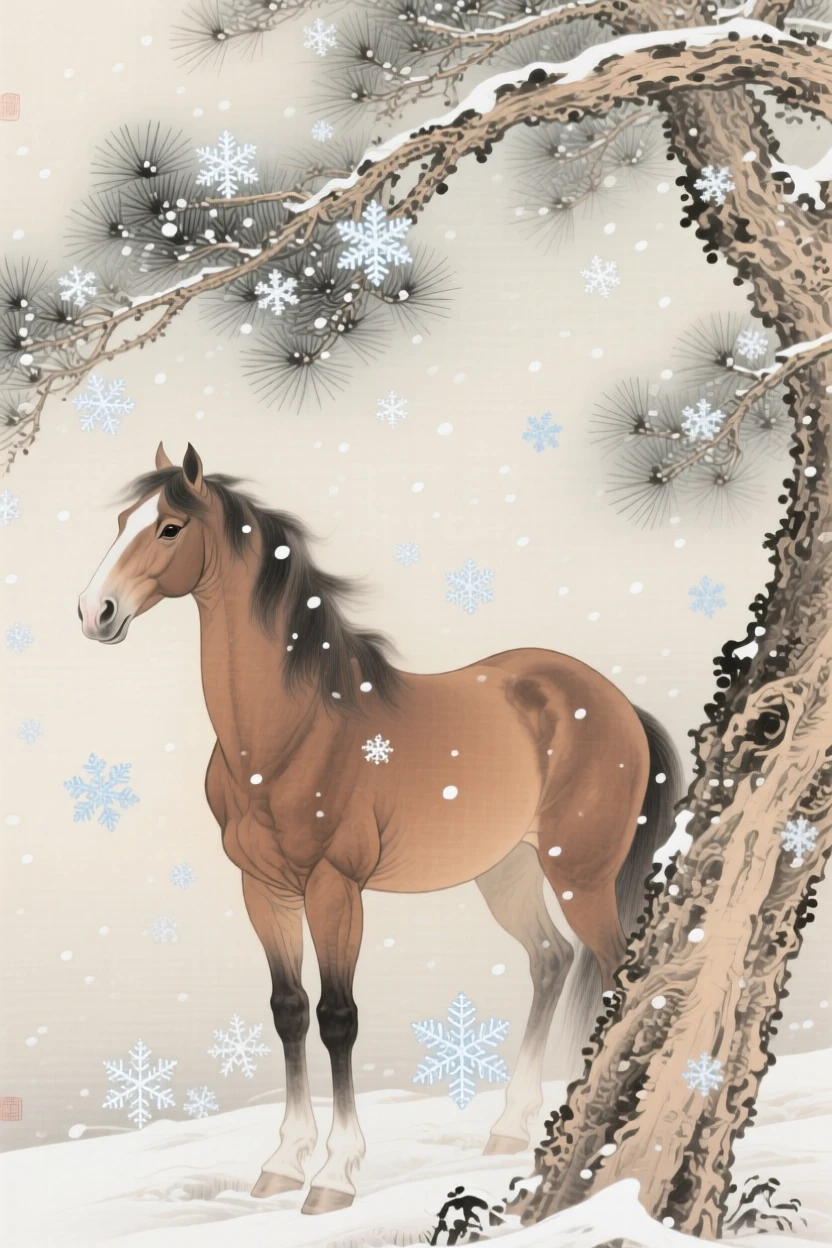 A horse watching snowflakes fall from beneath a pine bough