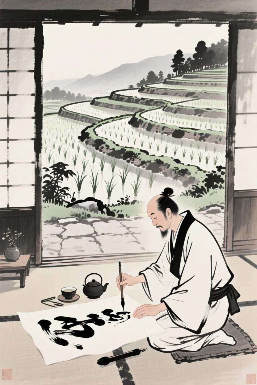 A calligrapher preparing tea in a quiet courtyard beside a terraced rice field, framed intimately, focusing on quiet gesture and expression, suggesting harmony between people and their surroundings.