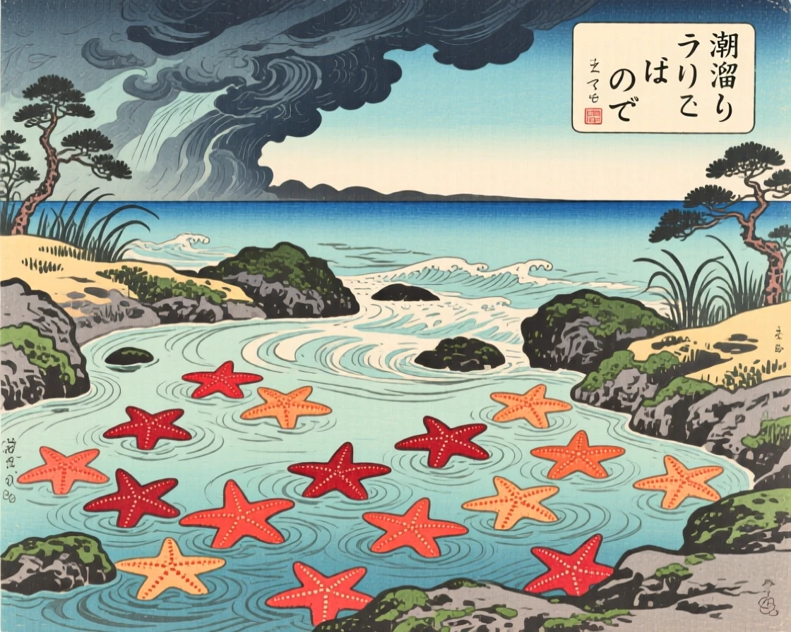 A tide pool teeming with starfish as a storm gathers on the horizon, beneath a clear midday sky.