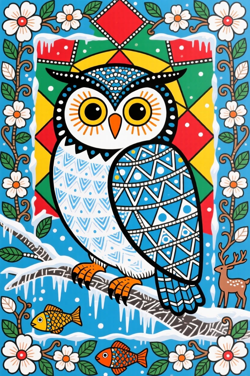 A snowy owl perched silently on a frozen branch.