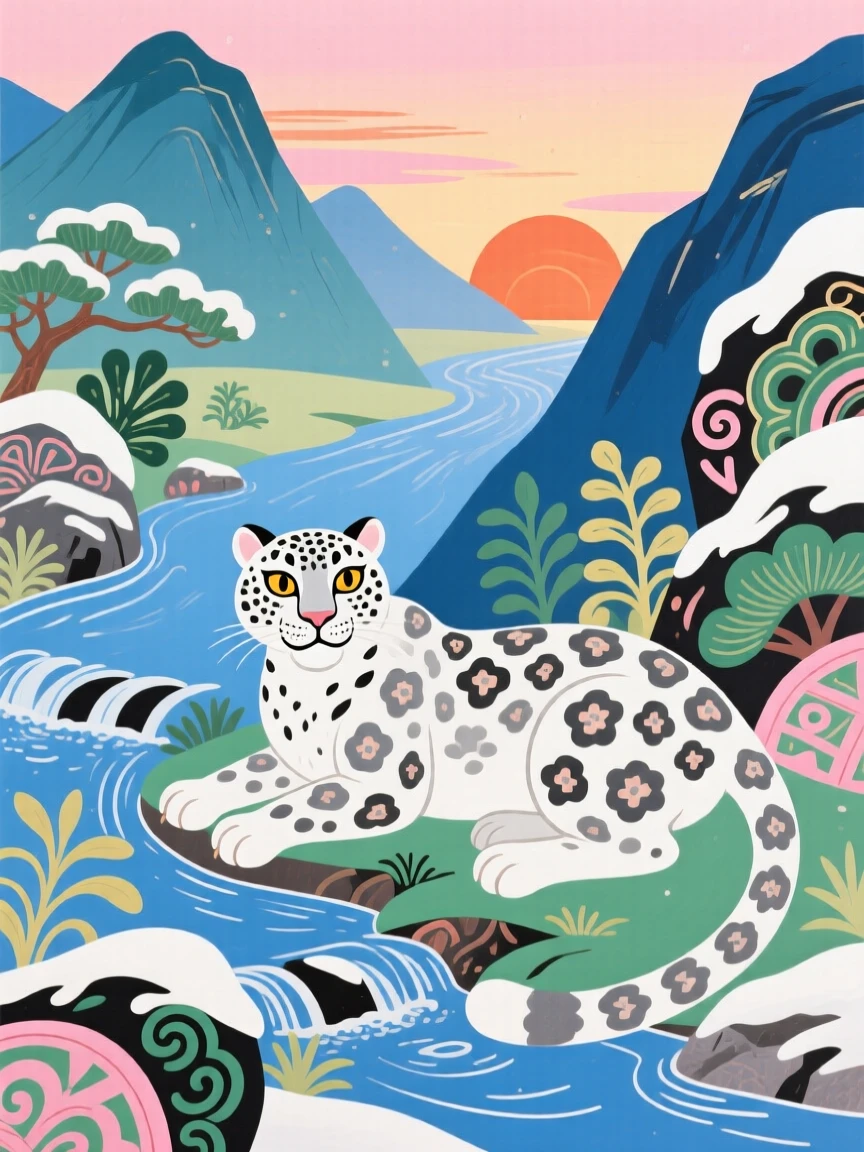 A snow leopard resting beside a mountain stream, at first light of dawn.