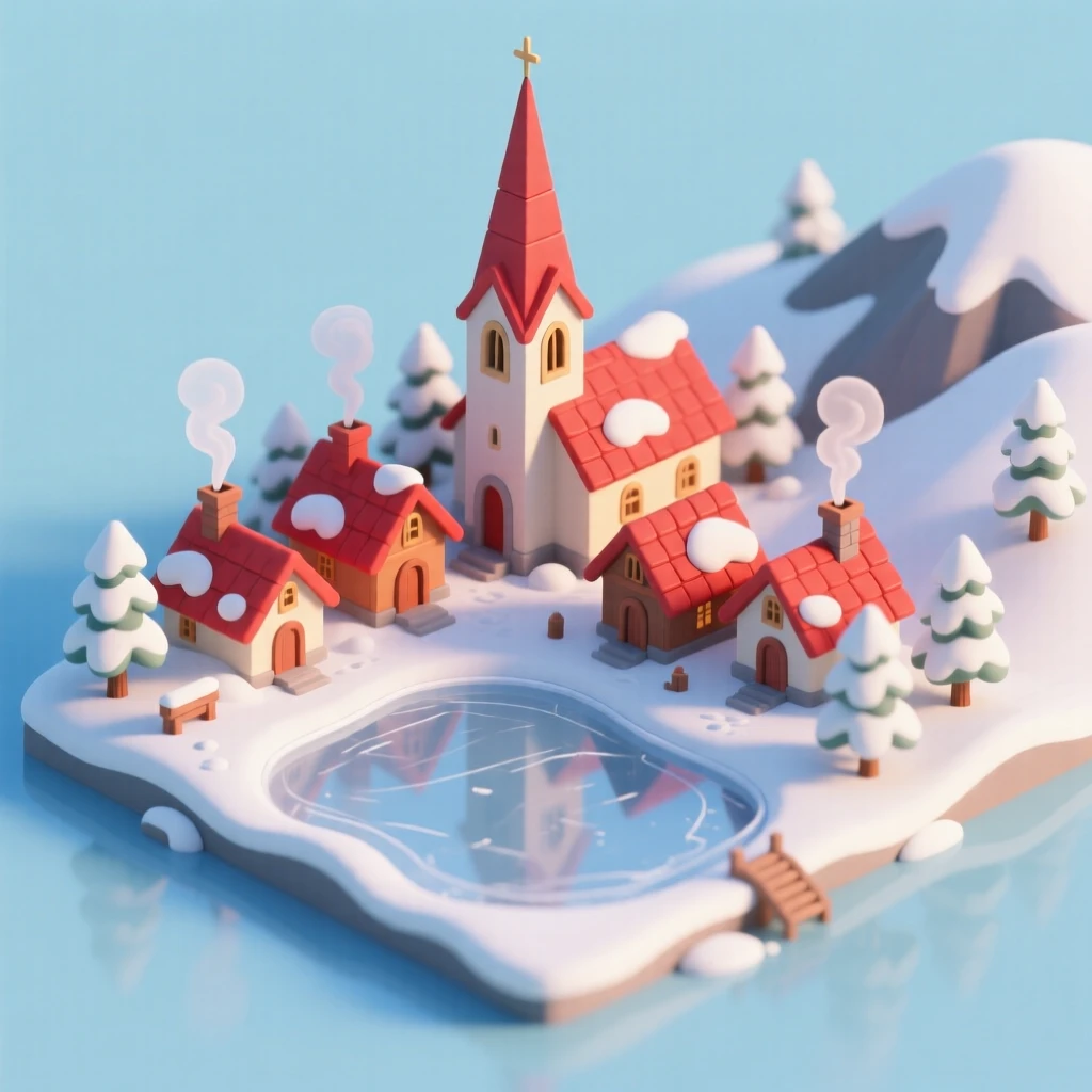 A tiny Alpine village nestled in a snowy valley, with a church steeple rising above red rooftops, a frozen lake for skating, and smoke curling from every chimney.