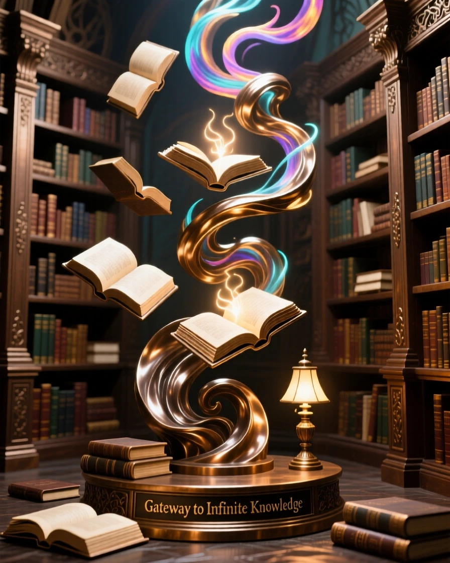 An enchanted library with floating, glowing books, with swirling energy and radiant color, transporting the viewer to another world