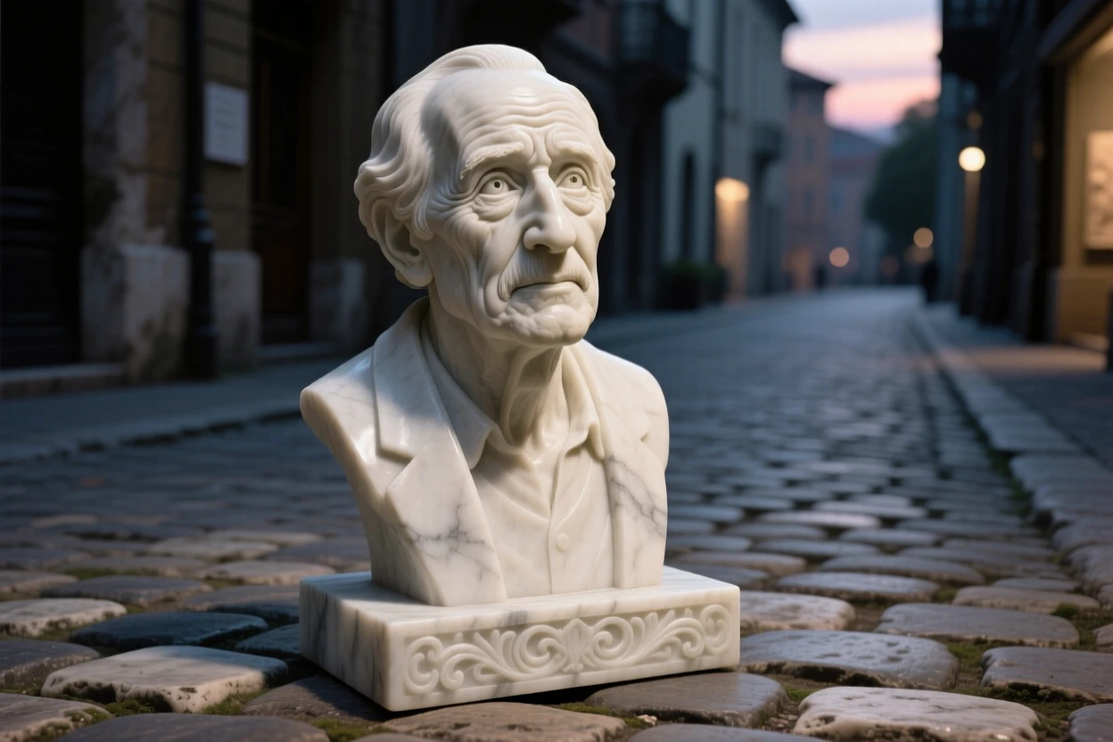 A tender portrait of an elderly man, eyes wide with wonder, on a quiet cobblestone street at dusk, evoking warmth and humanity