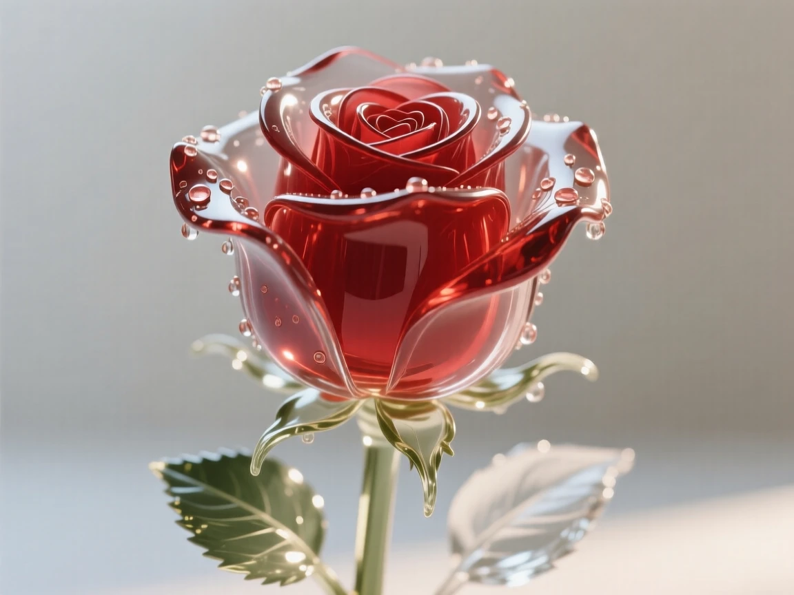 A single red rose in full bloom, backlit by soft morning sunlight, dew drops clinging to the petals, composition centered and intimate, evoking freshness and calm.