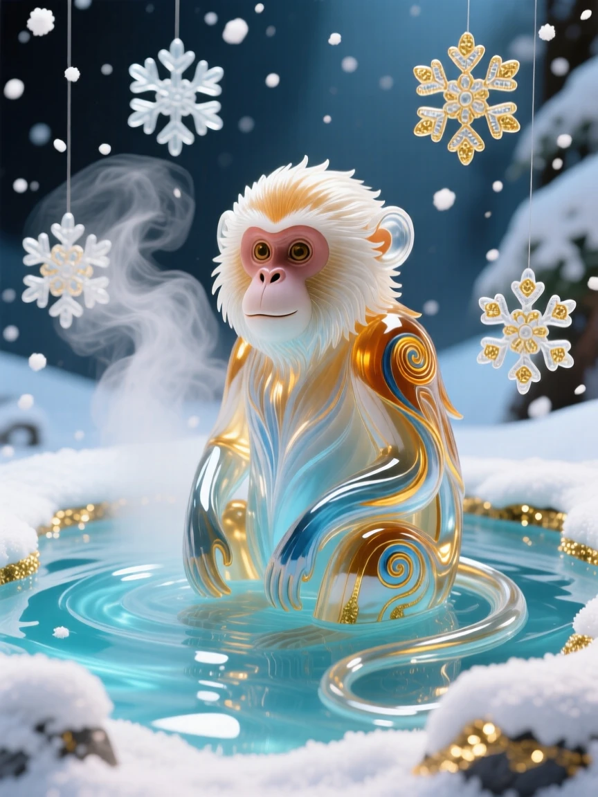 A snow monkey soaking in a steaming hot spring surrounded by falling snow, cozy and whimsical.