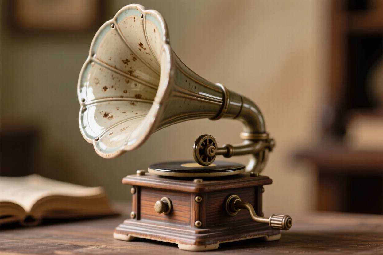 A vintage gramophone with its horn flared wide staged with careful, artful precision, set against a softly blurred background, conveying a cozy, storybook atmosphere.