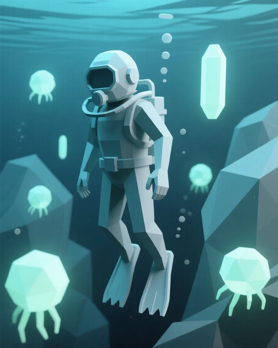 A deep-sea diver illuminated by bioluminescent creatures, surrounded by soft glowing mist. soft glowing light sources create a sense of depth and scale. It captures a feeling of peaceful isolation.