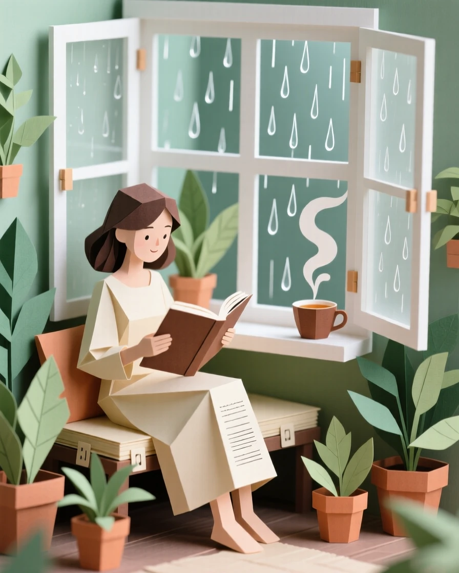 A woman reading a book in a cozy window seat surrounded by potted plants, rain trickling down the glass beside her, a cup of tea steaming on the sill, evoking peaceful solitude.
