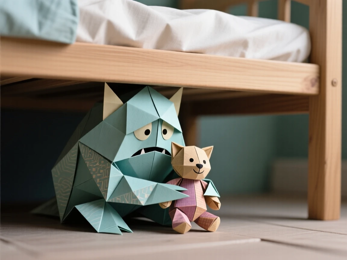 A shy monster peeking out from under a child's bed, holding a stuffed toy of its own.